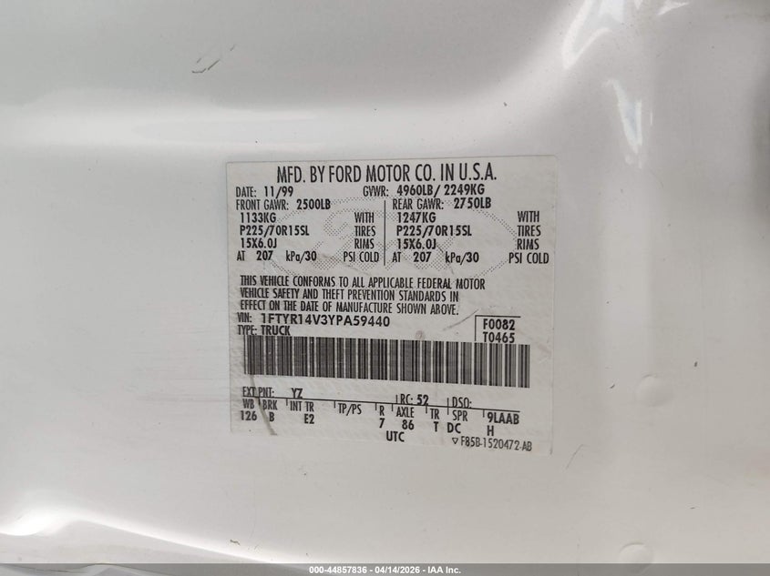 2000 Ford Ranger Xl/Xlt VIN: 1FTYR14V3YPA59440 Lot: 44857836
