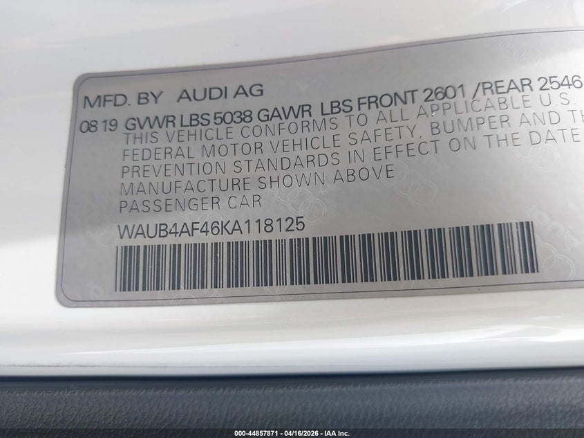 2019 Audi S4 3.0T Premium VIN: WAUB4AF46KA118125 Lot: 44857871