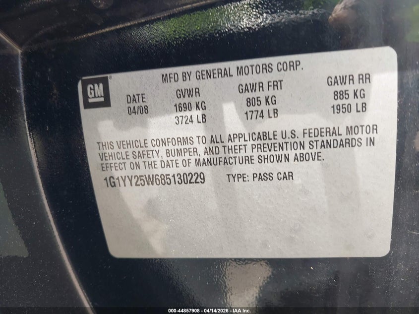 2008 Chevrolet Corvette VIN: 1G1YY25W685130229 Lot: 44857908