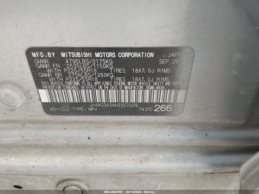 2017 Mitsubishi Outlander Se VIN: JA4AD3A34HZ007229 Lot: 44857951