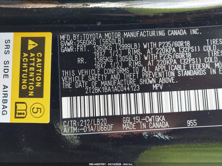 2010 Lexus Rx 350 VIN: 2T2BK1BA1AC044123 Lot: 44857957