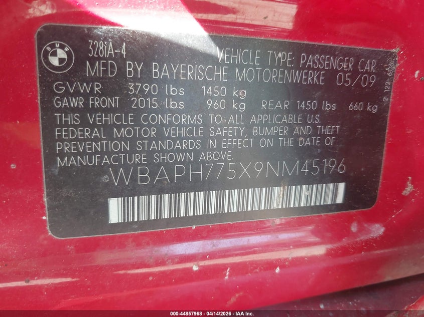 2009 BMW 328I VIN: WBAPH775X9NM45196 Lot: 44857968
