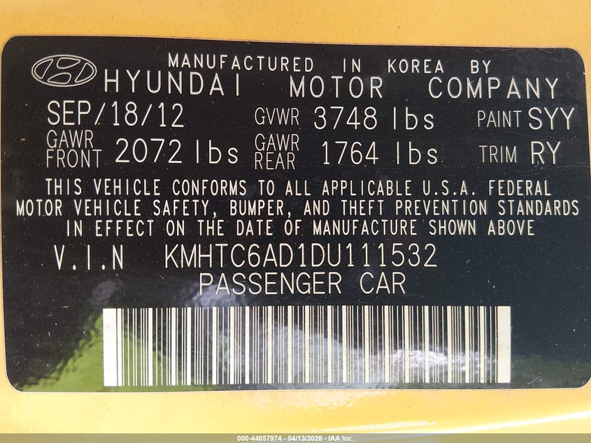 2013 Hyundai Veloster Base W/Black VIN: KMHTC6AD1DU111532 Lot: 44857974