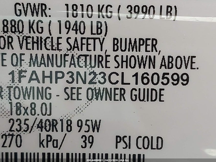 2012 Ford Focus 2.0 Titanium black Lot 111044858001 Vin 1FAHP3N23CL160599