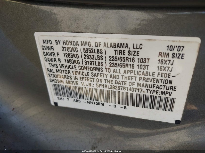 2007 Honda Odyssey Lx VIN: 5FNRL38267B140717 Lot: 44858002