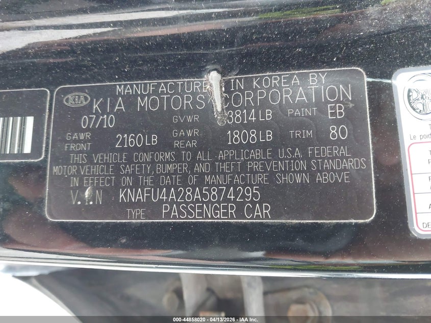 2010 Kia Forte Ex VIN: KNAFU4A28A5874295 Lot: 44858020