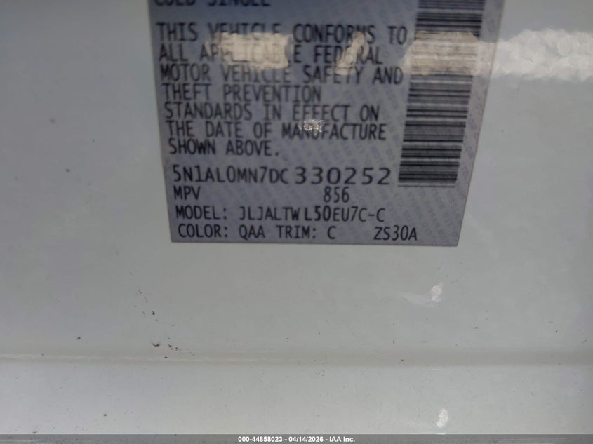 2013 Infiniti Jx35 VIN: 5N1AL0MN7DC330252 Lot: 44858023