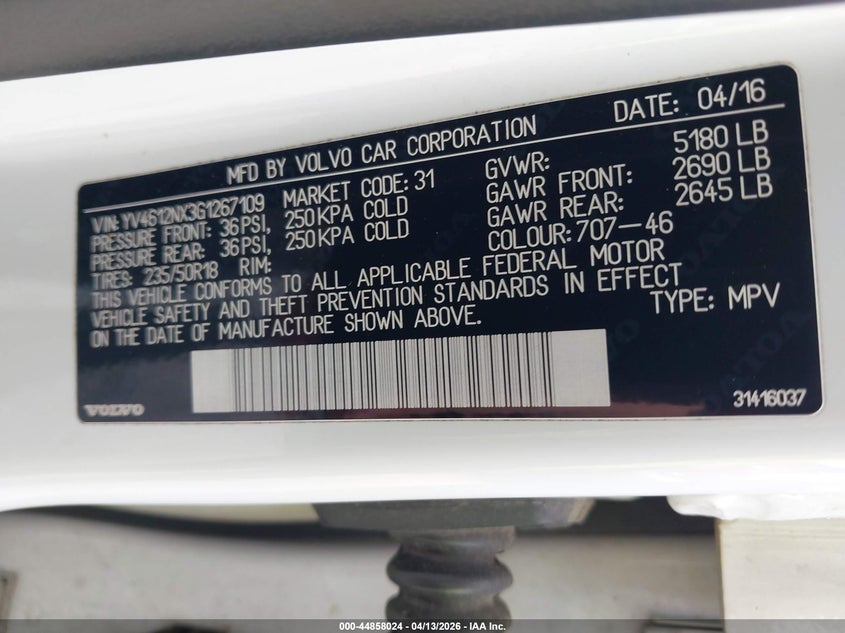 2016 Volvo Xc70 T5 Premier VIN: YV4612NX3G1267109 Lot: 44858024