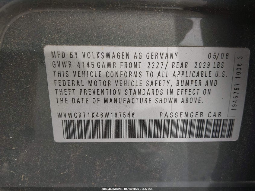 2006 Volkswagen Rabbit 4-Door VIN: WVWCR71K46W197546 Lot: 44858028