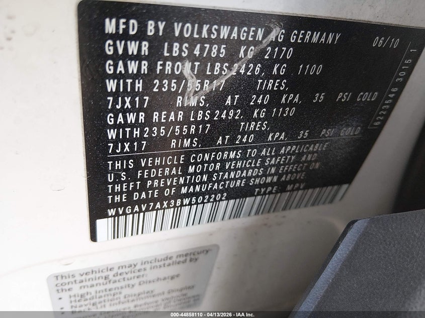 2011 Volkswagen Tiguan Se VIN: WVGAV7AX3BW502202 Lot: 44858110