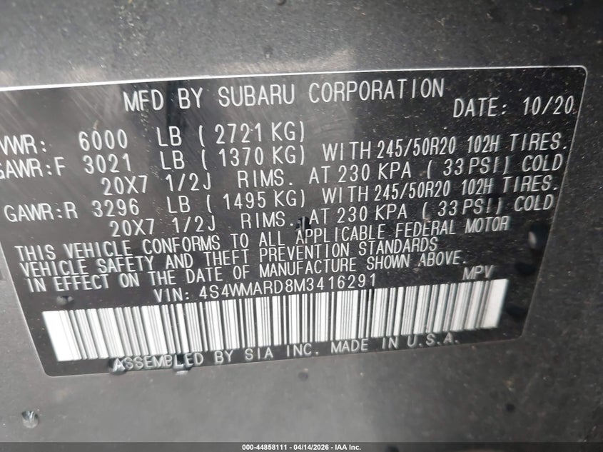 2021 Subaru Ascent Touring VIN: 4S4WMARD8M3416291 Lot: 44858111