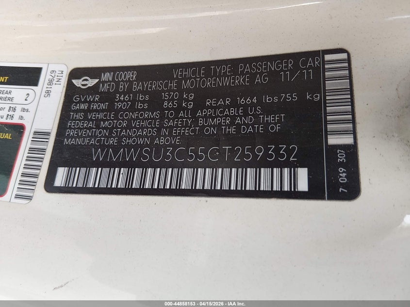 2012 Mini Cooper VIN: WMWSU3C55CT259332 Lot: 44858153