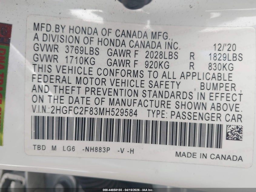2021 Honda Civic Sport VIN: 2HGFC2F83MH529584 Lot: 44858155