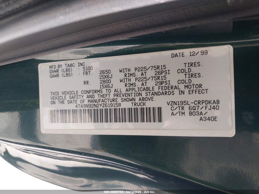 2000 Toyota Tacoma Prerunner V6 VIN: 4TASN92N2YZ619158 Lot: 44858164