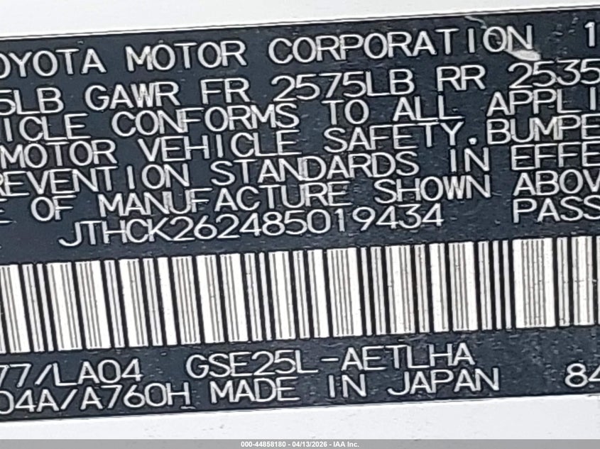 2008 Lexus Is 250 VIN: JTHCK262485019434 Lot: 44858180