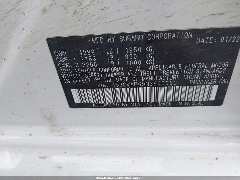 2022 Subaru Impreza Base VIN: 4S3GKAB69N3606662 Lot: 44858248