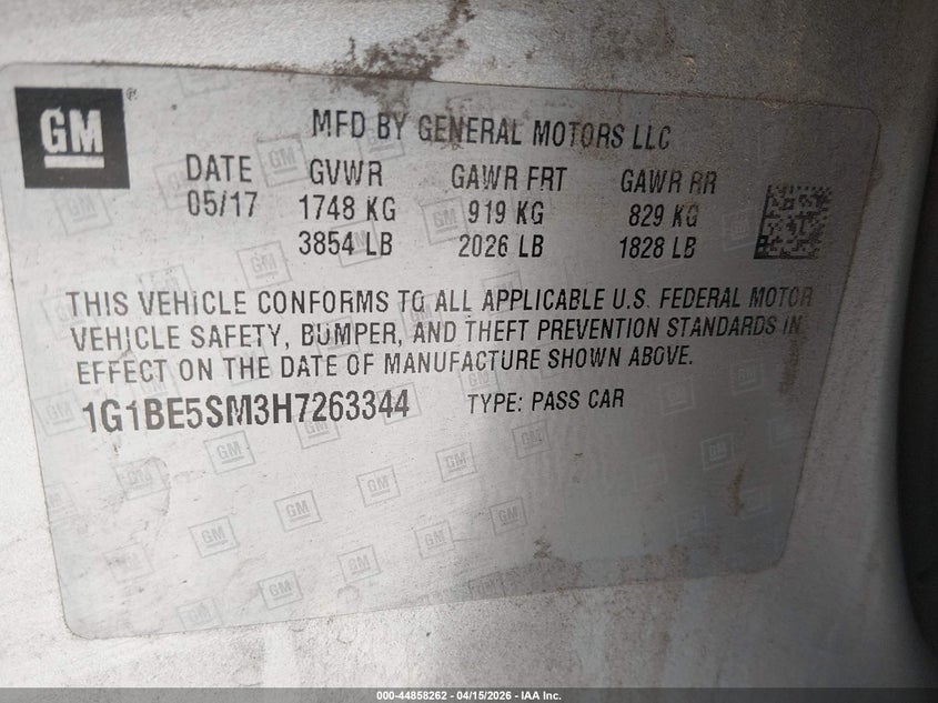 2017 Chevrolet Cruze Lt Auto VIN: 1G1BE5SM3H7263344 Lot: 44858262