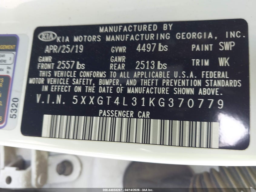 2019 Kia Optima S VIN: 5XXGT4L31KG370779 Lot: 44858267