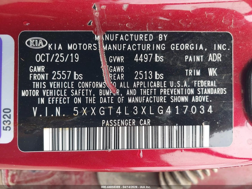 2020 Kia Optima S VIN: 5XXGT4L3XLG417034 Lot: 44858389