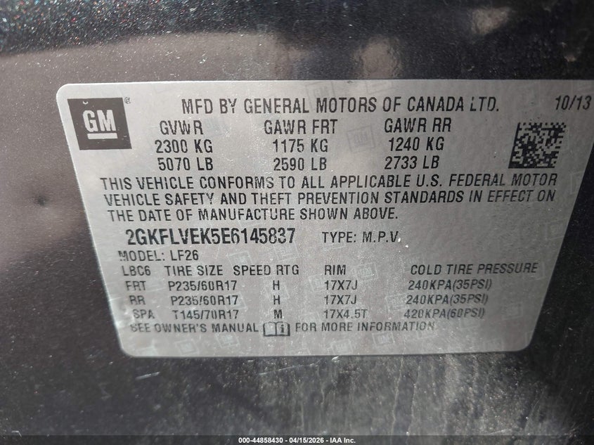 2014 GMC Terrain Sle-1 VIN: 2GKFLVEK5E6145837 Lot: 44858430