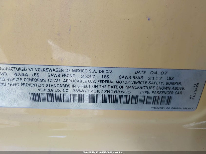 2007 Volkswagen Jetta Gli VIN: 3VWWJ71K77M163605 Lot: 44858443