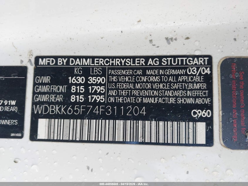 2004 Mercedes-Benz Slk 320 VIN: WDBKK65F74F311204 Lot: 44858445