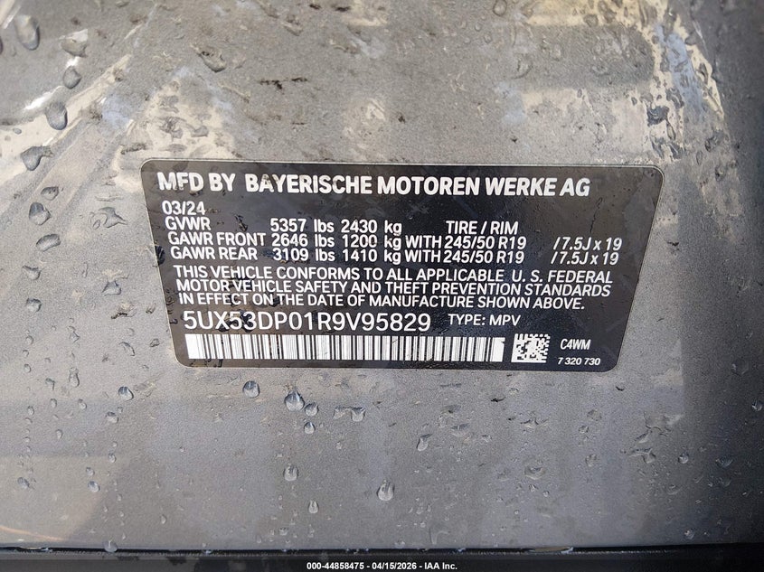 2024 BMW X3 xDrive30I VIN: 5UX53DP01R9V95829 Lot: 44858475