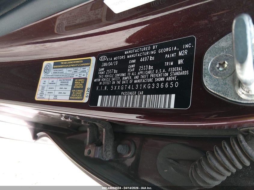 2019 Kia Optima Lx VIN: 5XXGT4L31KG336650 Lot: 44858504