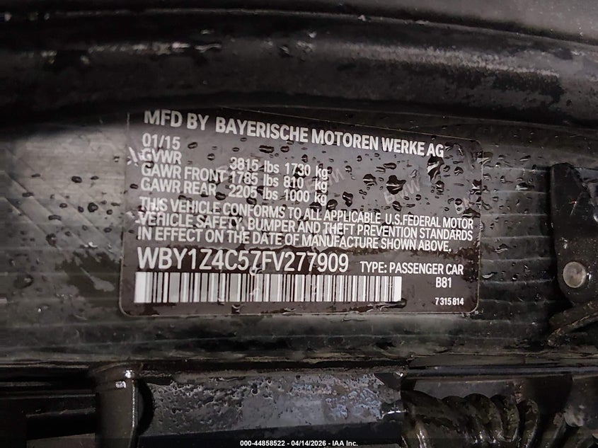 2015 BMW I3 Base W/Range Extender VIN: WBY1Z4C57FV277909 Lot: 44858522