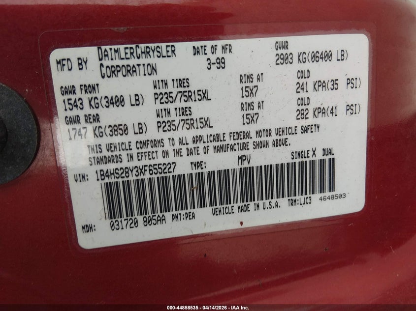1999 Dodge Durango VIN: 1B4HS28Y3XF655227 Lot: 44858535