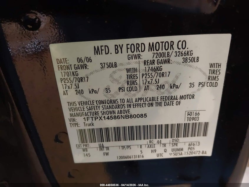 2006 Ford F-150 Fx4/Lariat/Xl/Xlt VIN: 1FTPX14586NB80085 Lot: 44858536