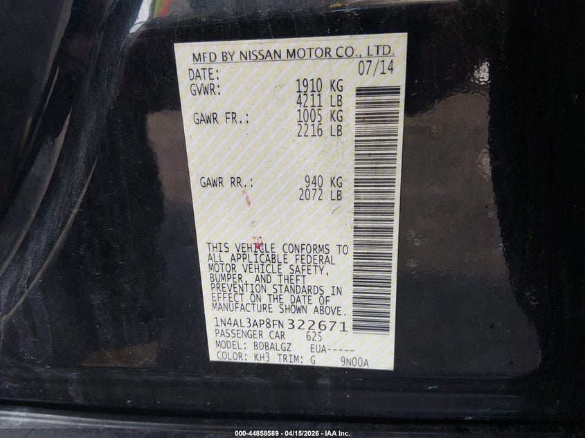 2015 Nissan Altima 2.5/2.5 S/2.5 Sl/2.5 Sv VIN: 1N4AL3AP8FN322671 Lot: 44858589