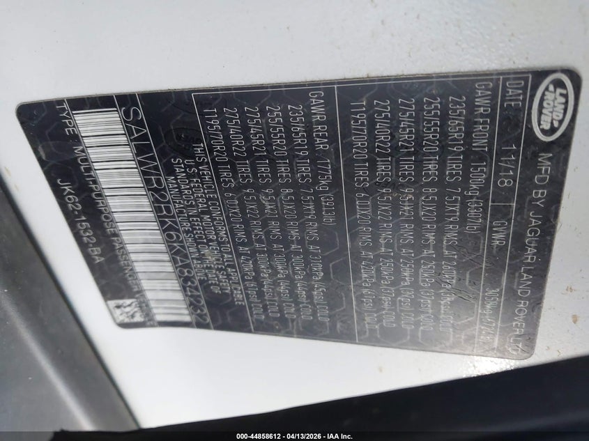 2019 Land Rover Range Rover Sport Hse Td6 VIN: SALWR2RK6KA834232 Lot: 44858612