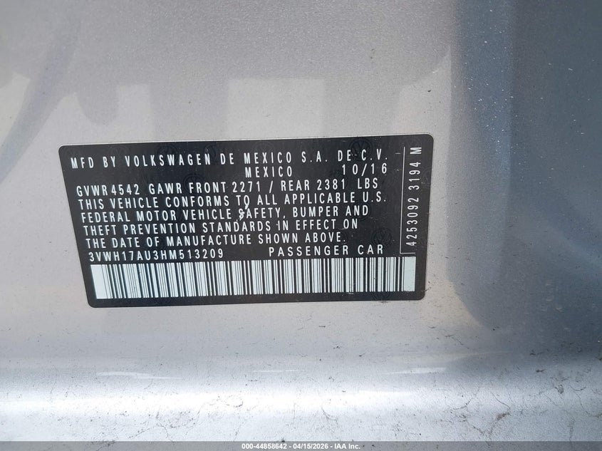 2017 Volkswagen Golf Alltrack Tsi S/Tsi Se/Tsi Sel VIN: 3VWH17AU3HM513209 Lot: 44858642