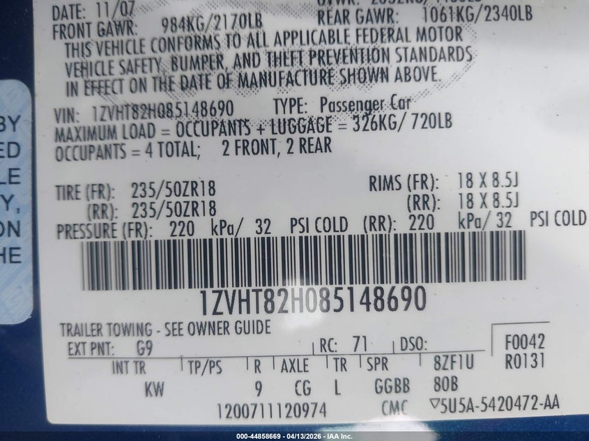 2008 Ford Mustang Gt Deluxe/Gt Premium VIN: 1ZVHT82H085148690 Lot: 44858669