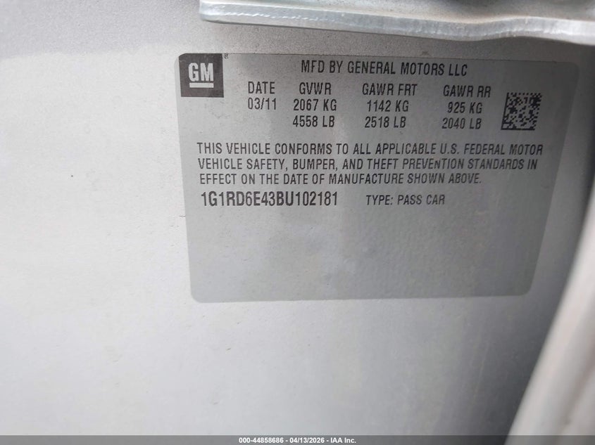 2011 Chevrolet Volt VIN: 1G1RD6E43BU102181 Lot: 44858686