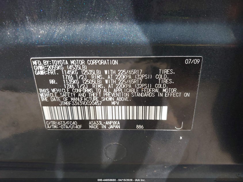 2009 Toyota Rav4 VIN: JTMBF33V39D020457 Lot: 44858688