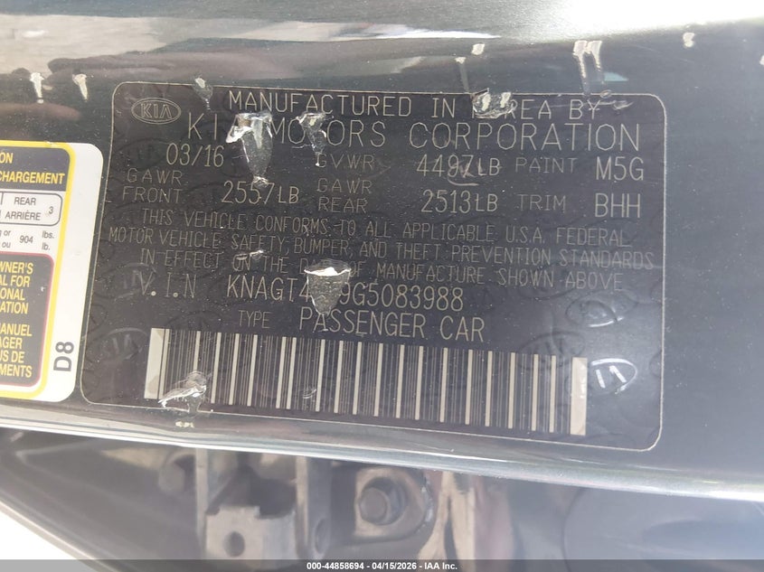 2016 Kia Optima Lx VIN: KNAGT4L39G5083988 Lot: 44858694