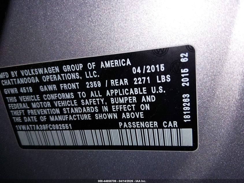 2015 Volkswagen Passat 1.8T Limited Edition VIN: 1VWAT7A39FC092551 Lot: 44858706