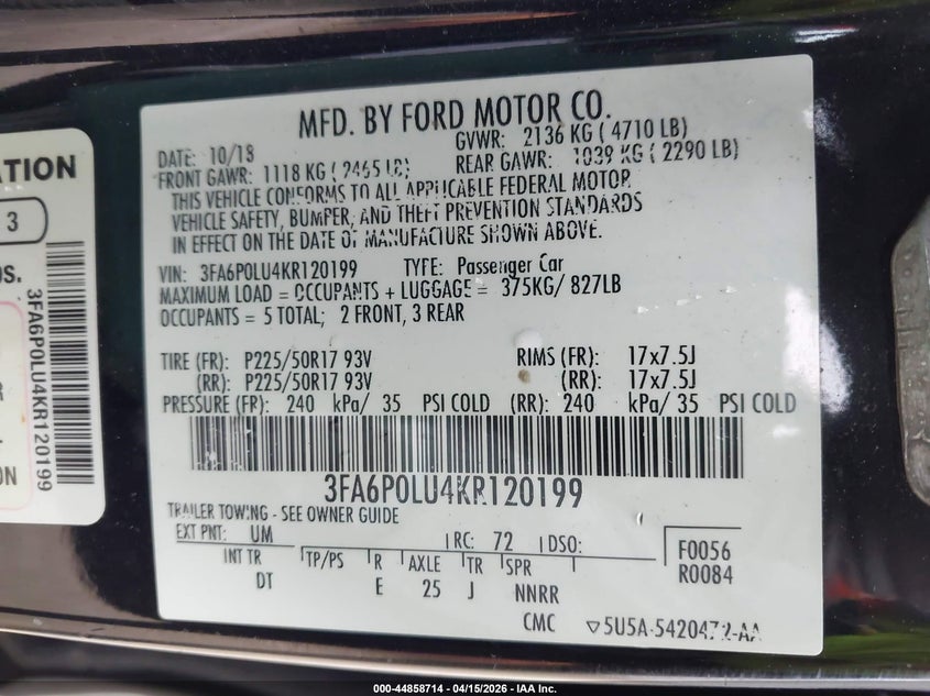 2019 Ford Fusion Hybrid Se VIN: 3FA6P0LU4KR120199 Lot: 44858714