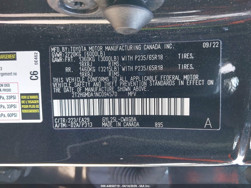 2022 Lexus Rx 450H VIN: 2T2HGMDA1NC094570 Lot: 44858719