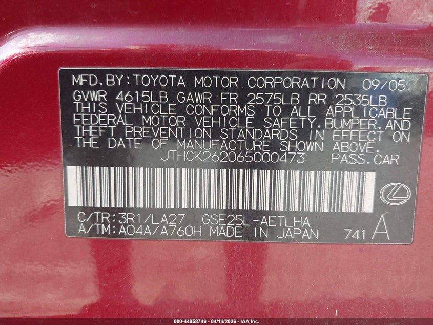 2006 Lexus Is 250 VIN: JTHCK262065000473 Lot: 44858746