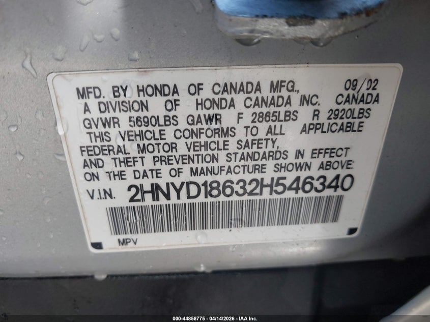 2002 Acura Mdx VIN: 2HNYD18632H546340 Lot: 44858775