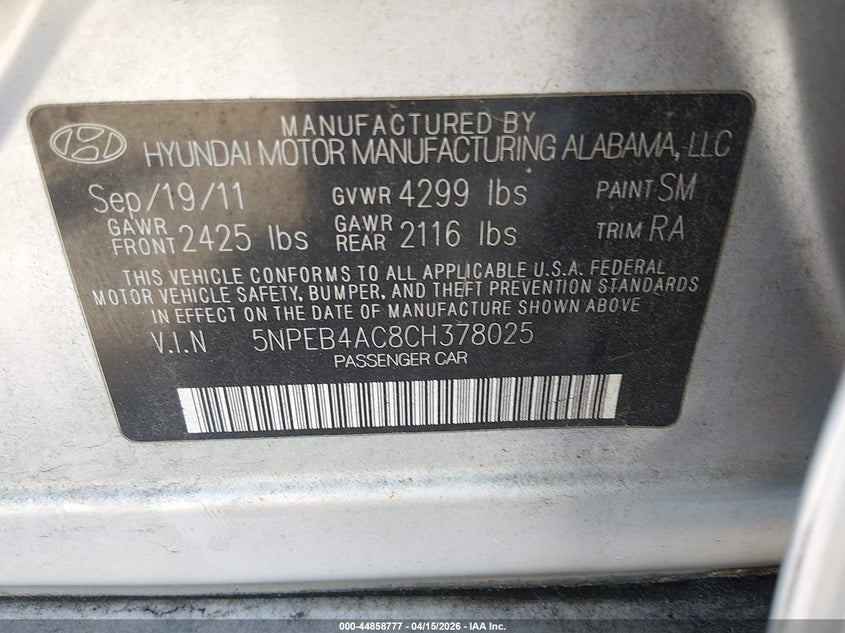 2012 Hyundai Sonata Gls VIN: 5NPEB4AC8CH378025 Lot: 44858777