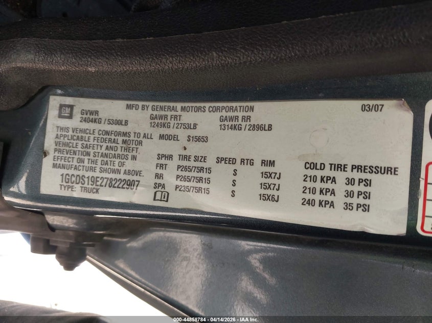 2007 Chevrolet Colorado Lt VIN: 1GCDS19E278222907 Lot: 44858784