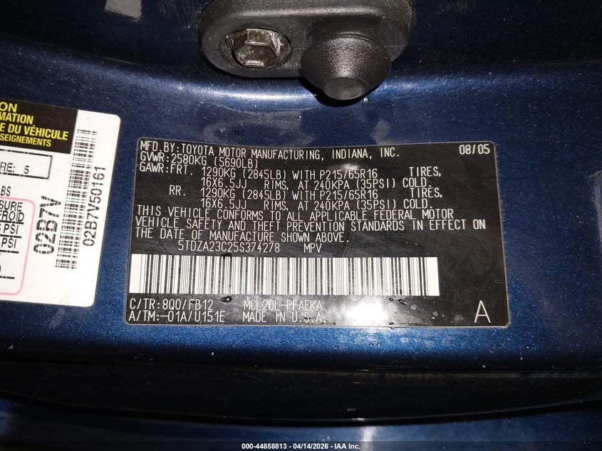 2005 Toyota Sienna Le VIN: 5TDZA23C25S374278 Lot: 44858813