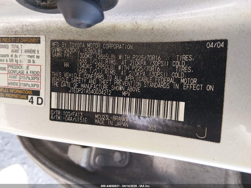 2004 Toyota Highlander V6 VIN: JTEDP21A540034212 Lot: 44858821
