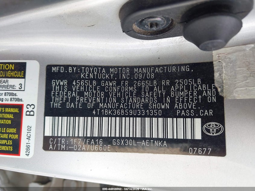 2009 Toyota Avalon Xl VIN: 4T1BK36B59U331350 Lot: 44858860