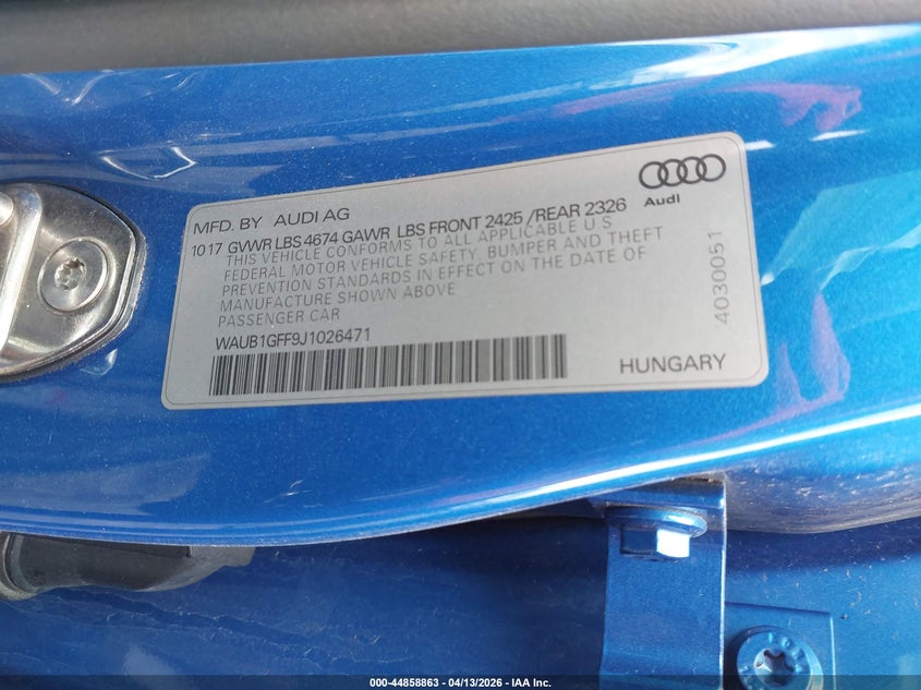 2018 Audi S3 2.0T Premium Plus/2.0T Tech Premium Plus VIN: WAUB1GFF9J1026471 Lot: 44858863