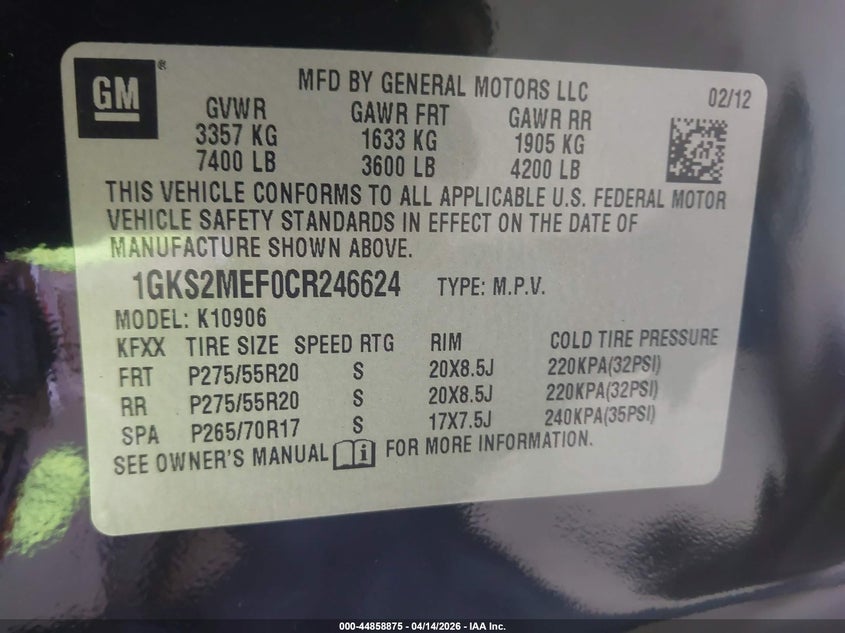 2012 GMC Yukon Xl 1500 Denali VIN: 1GKS2MEF0CR246624 Lot: 44858875